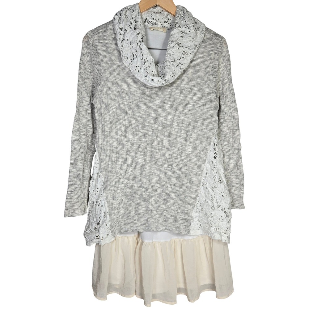 Altar'd State Gray White Lace Cowl Neck Tunic Dress Layered‎ Size M
